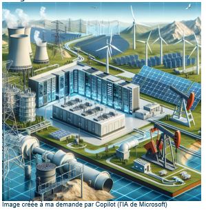 Illustration d'un centre de données nécessitant une grande quantité d'électricité pour fonctionner, représentant l'impact énergétique de l'intelligence artificielle
